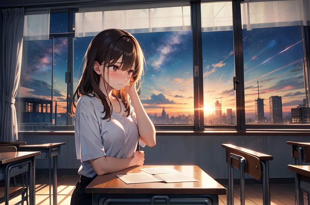 masterpiece, best quality, high quality, detailed, ultra detailed, hyper detailed, insanely detailed, exquisite, beautiful, FHD, Full-HD, 4K, 8K, 16K, highres, absurdres, a girl, sad, crying, streaming tears, wiping tears, looking down, semi long, brown hair, brown eyes, pale skin, , Sad Scene, in the classroom, with a starry sky, with a nebula, in the evening, beautiful