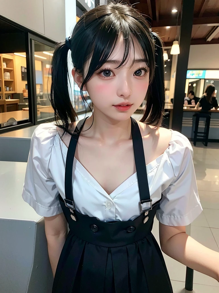 40-year-old Japanese woman、Black Hair、Hair is very short、Twin tails、Hatsune Miku Costume、Headphones、Flat Chest、Realistic photos、Realistic、8K quality、expensive、No bangs、Cafe Terrace、High resolution, Highest quality, Anatomically correct, Winner of numerous awards, Ultra high definition, 