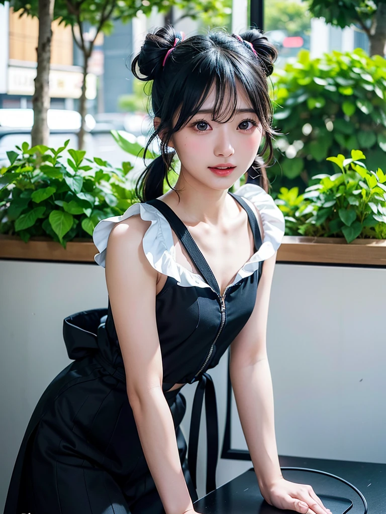 40-year-old Japanese woman、Black Hair、Hair is very short、Twin tails、Hatsune Miku Costume、Headphones、Flat Chest、Realistic photos、Realistic、8K quality、expensive、No bangs、Cafe Terrace、High resolution, Highest quality, Anatomically correct, Winner of numerous awards, Ultra high definition,