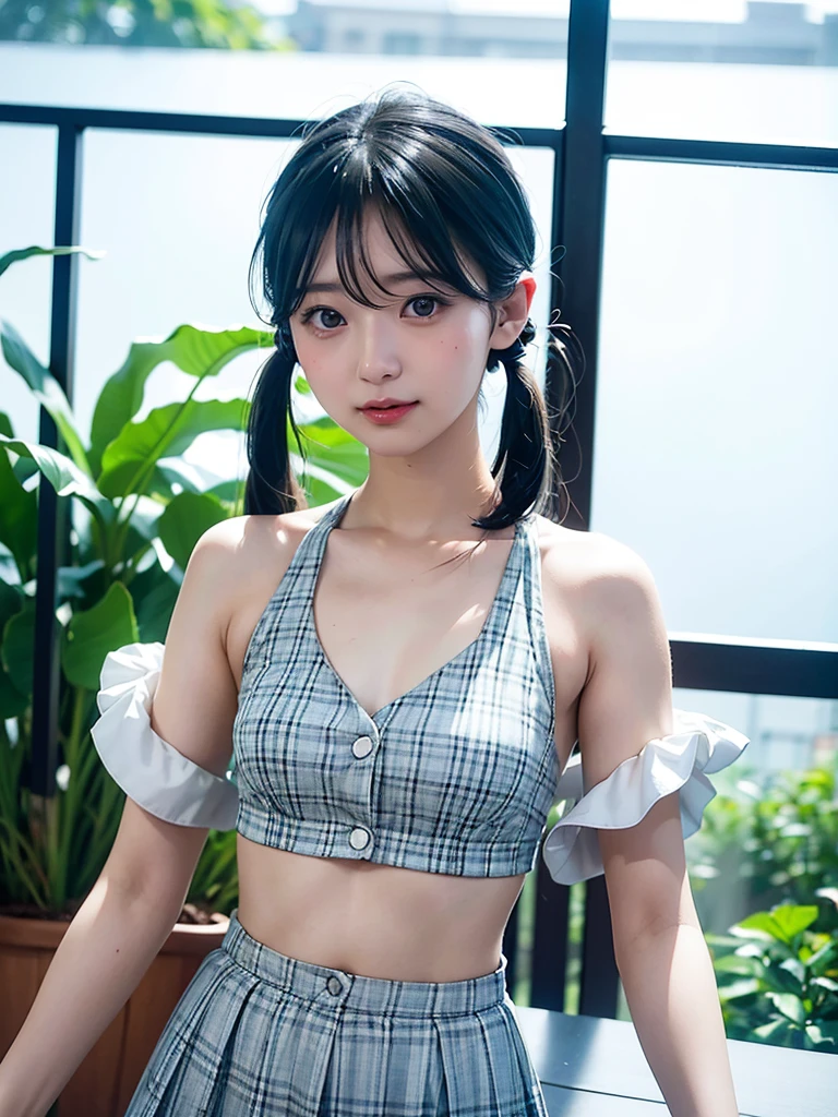 40-year-old Japanese woman、Black Hair、Hair is very short、Twin tails、Hatsune Miku Costume、Headphones、Flat Chest、Realistic photos、Realistic、8K quality、expensive、No bangs、Cafe Terrace、High resolution, Highest quality, Anatomically correct, Winner of numerous awards, Ultra high definition,