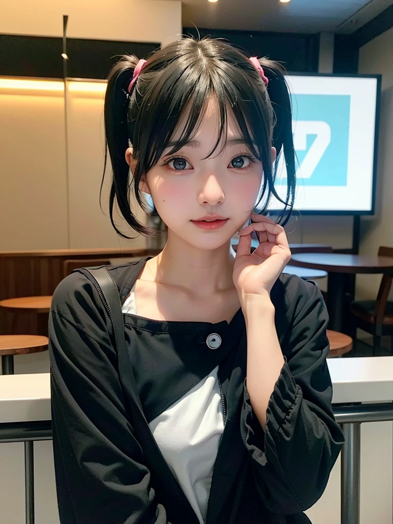 40-year-old Japanese woman、Black Hair、Hair is very short、Twin tails、Hatsune Miku Costume、Headphones、Flat Chest、Realistic photos、Realistic、8K quality、expensive、No bangs、Cafe Terrace、High resolution, Highest quality, Anatomically correct, Winner of numerous awards, Ultra high definition, 