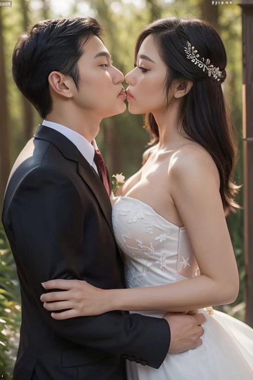 tmasterpiece, Best quality at best, {Best quality at best}, {{tmasterpiece}}, {A high resolution}, {{{Tano}}, extremely detailed couple, illustratio, couples, 1boys, 1girl, curvy, round breast, cleavage, couple, Loves, Loves, ((𝓡𝓸𝓶𝓪𝓷𝓽𝓲𝓬)), Sharp focus, malefocus, female focus, Black color hair, Black eyes, suns, rays of sunshine, hoist, T 恤, Men's brown suit clothing, kissing, romantic kiss, girl wearing red wedding dress, ln the forest, fresh flowers, statement