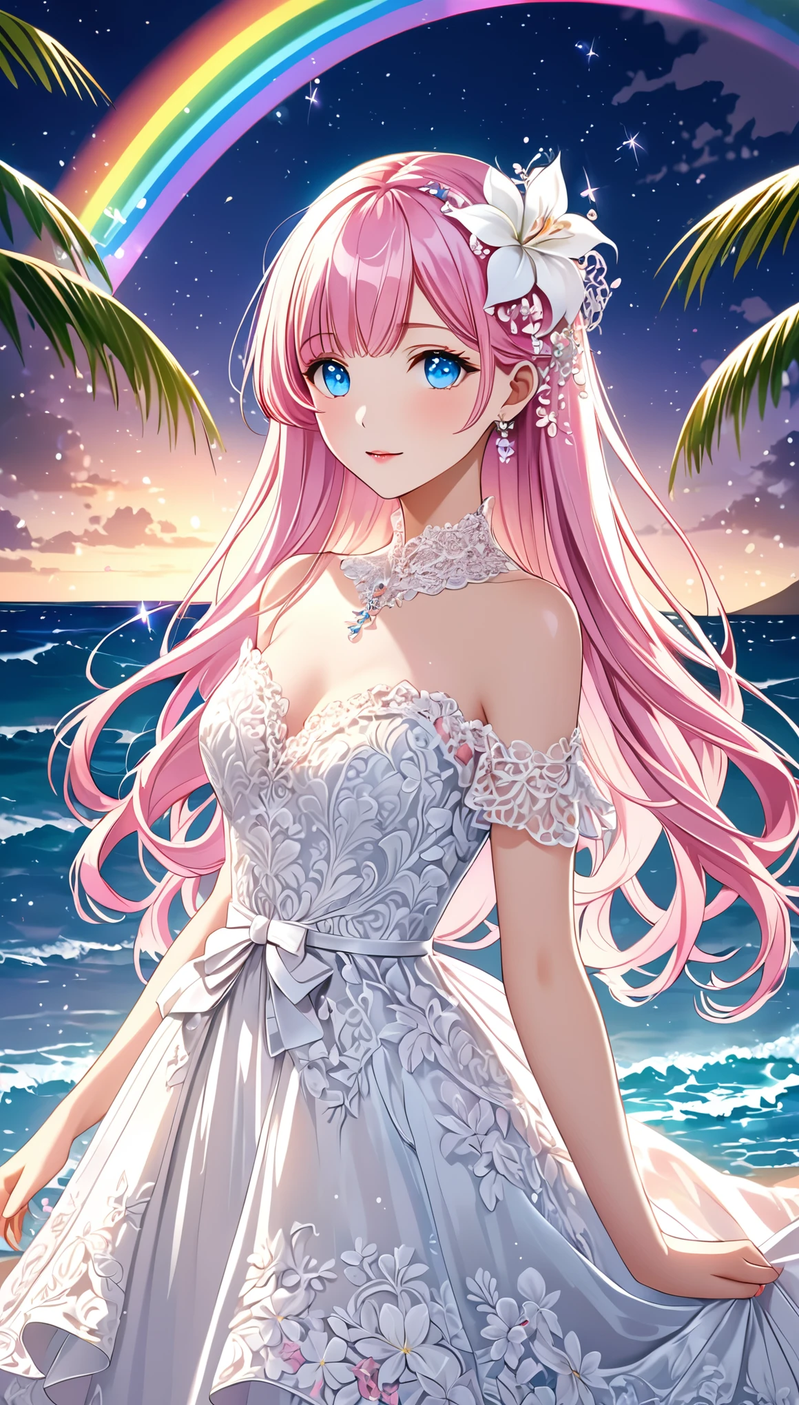 (masterpiece, Very detailed, Exquisite, beautiful, Full HD, High resolution, absurdes), Lilia, A girl with long pink hair, Blue eyes, a white dress with black lace, a big pink ribbon on her chest, a white flower hair ornament around her right ear. For a luxurious and elegant look、Intricate designs and patterns are required。.。.background , The image is、Light reflected on the surface of the water、There is an illuminated bridge ahead.、Must describe a romantic Hawaiian beach at night.。, Enhances sparkle and rainbow effects across the image. make you look good、Add some special frills to your dress to make it stand out.