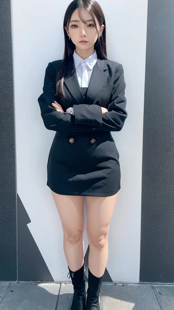 One girl,goddess,Leather pencil skirt,Black Stockings,Beauty mole under the eye,black eye,Long black hair,White background,（Dress up formally）,（Formally）,Raw Photos,8K  UHD,masterpiece,Highest quality,Very detailed,wallpaper,masterpiece,Ultra detail