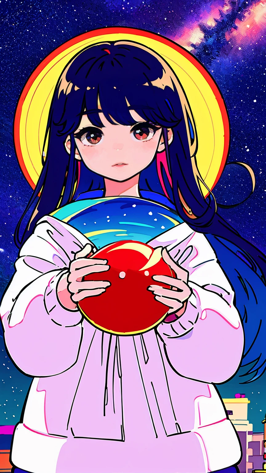 masterpiece, highest quality, masterpiece, divine quality, godlike art, highly detailed face, whole body, very unrealistic, cute, young girl, Big eyes, long eyelashes, colorful hair, multicolored eyes, shiny skin, lip whole, big lips, shiny skin, blush, Nice views, in space, starry sky background, performer, dazzling light, colorful light, Wearing muzugi、Is it just as dark as it is?