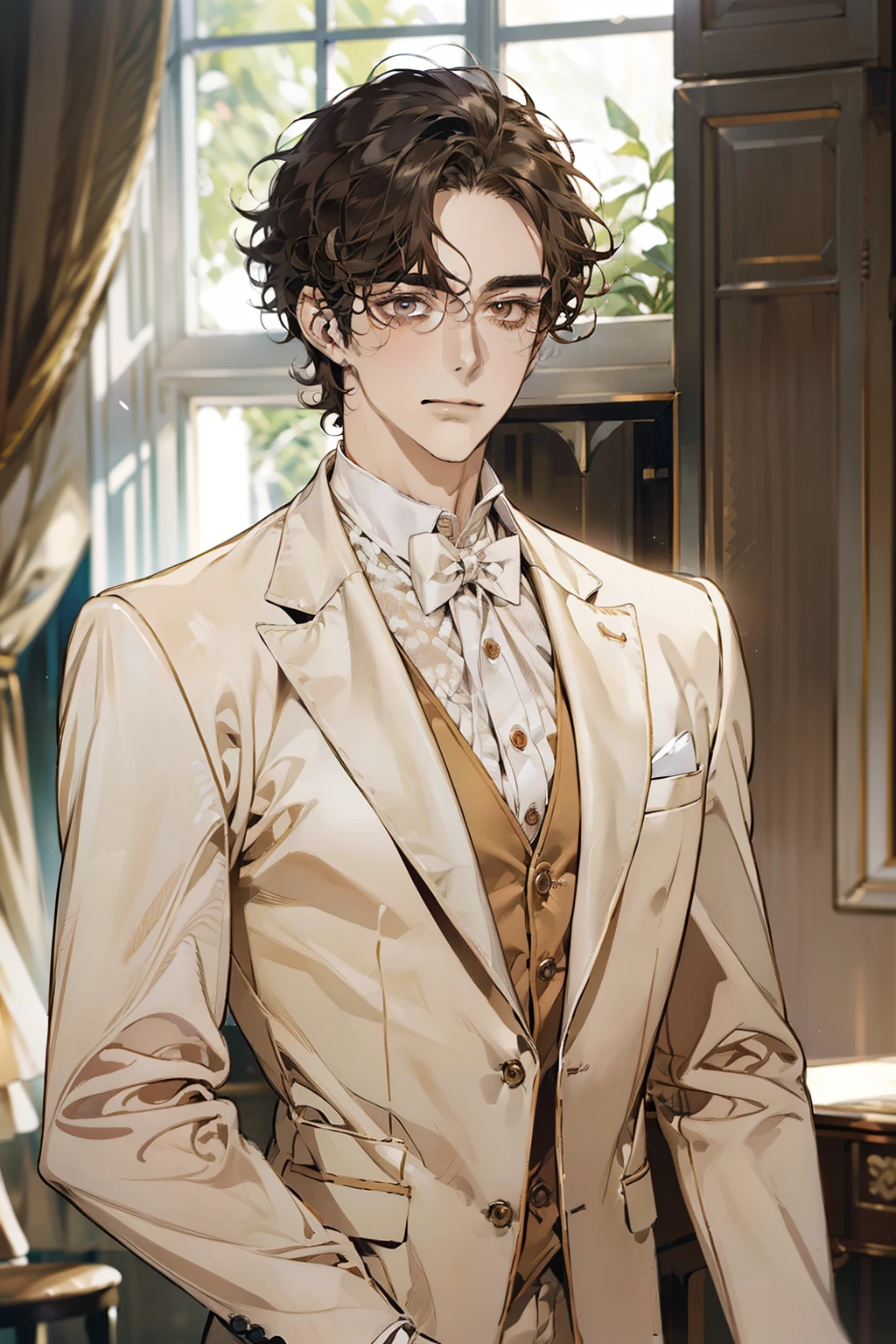 masterpiece, best quality, realistic, 1man, mature male, quiet and charming young man, 28 years old, adorable, closed mouth, portrait, extremely detailed face, soft smile, ((dark amber eyes)), ((short-sides-swept curly light brown hair)), [thick eyebrows], living-room, ((white suit))