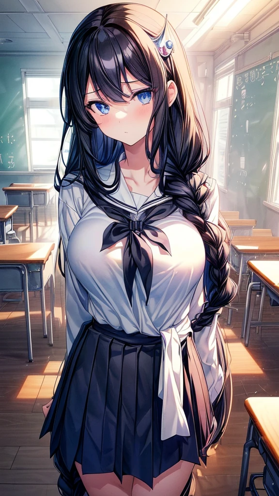 best quality, extremely detailed,anime style girl,long hair down to the waist, straight hair, ((dark black hair with bluish)),braid,beautiful detailed eyes, pinched eyes, (dark blue eyes),huge breasts,curvy,((((white main princess school uniform)))),clothing with complex patterns,cool expression,((((crowded classroom)))),((Diagonal angle)),dynamic angle