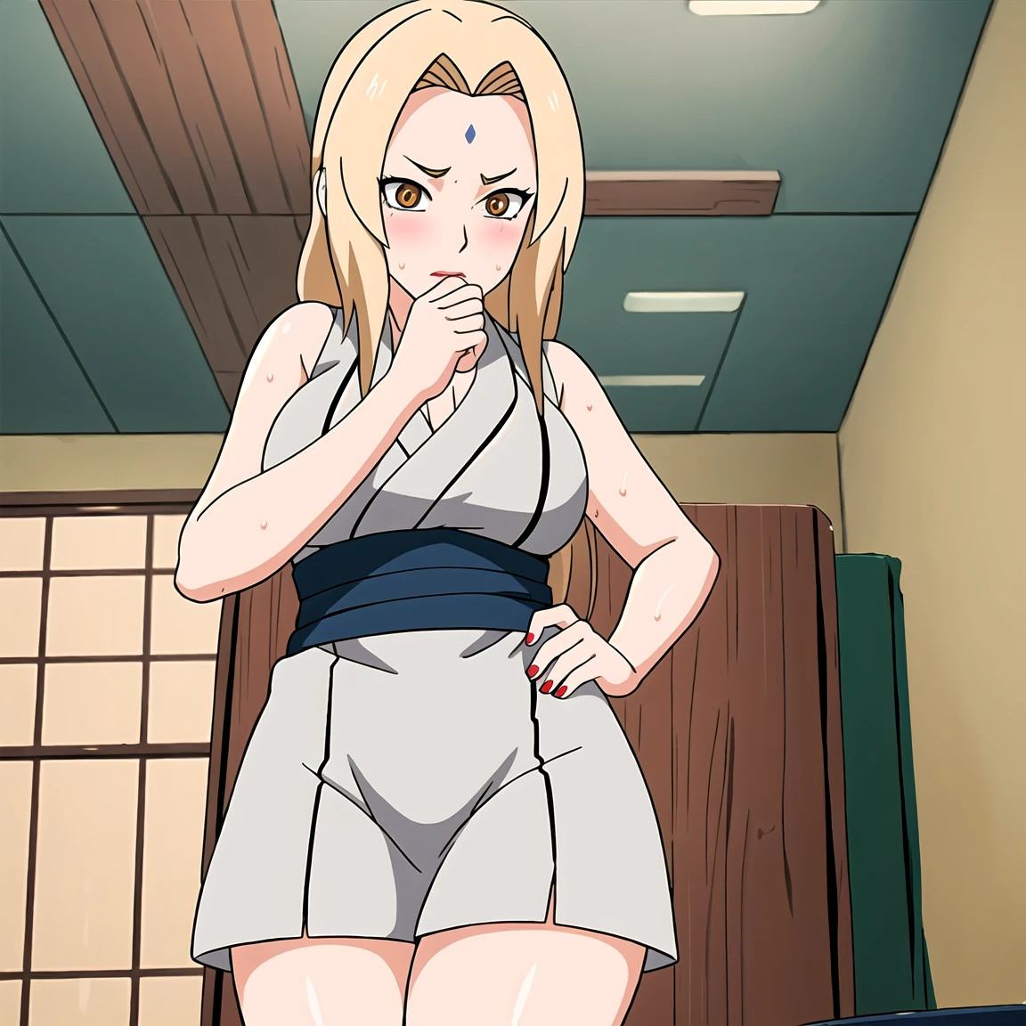 Tsunade , Brown eyes , Blonde Hair , Forehead Mark , (8K, RAW photos, best quality, masterpiece:1.2), (Intricate details), Perfect eyes, Perfect face, Perfect lighting, beautiful, (masterpiece:1.2), (best quality:1.2), 1 Girl, White shirt , Denim shorts ,  ,（Vision（blush，nervous，Vision，classroom，bookshelf，Standing，））masterpiece， absurd ， （Intricate details）， （Colorful）， light， Extremely detailed CG Unity 8k wallpaper ，1 Girl， solo，（shy，classroom，night，blush，nervous，Sweating，蕾丝dress， ），sweat，blush，blush1.5，Blush，Medium chest，（（dress，Black stockings，）），（dress，Standing，Uncomfortable expression，Mouth open，spit）