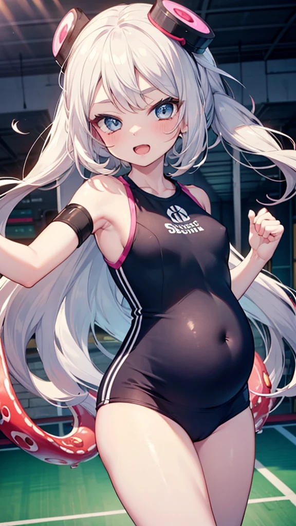 Super skillful anime illustration,boxing exercise at gym,
splatoon style,cute girl,white long Hair,shiny delta forehead,Bangs parted in middle of forehead,blue eyes,white battle suit,baby face,Octopus sucker-shaped headgear,open mouth smile,pregnant,
