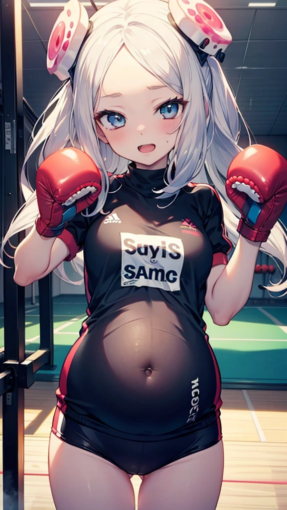 Super skillful anime illustration,boxing exercise at gym,
splatoon style,cute girl,white long Hair,shiny delta forehead,Bangs parted in middle of forehead,blue eyes,white battle suit,baby face,Octopus sucker-shaped headgear,open mouth smile,pregnant,
