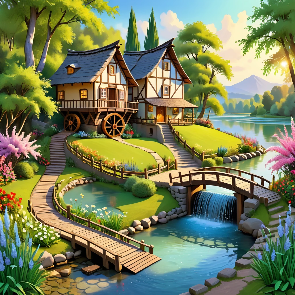 (masterpiece), best quality, Beautiful diorama in 3D isometric view of a whimsical place with a round riverside straw hut with gracious lighted simple window, a huge water wheel touching the water, wooden fenced in flourishing garden of flowers, a winding cascading lake flowing, and lush willow trees, connecting the wooden way there is an arch wooden bridge over a small dam.brush strokes in the style of Guido Borelli Da Caluso painting,pastel-colored background,HDR,32k