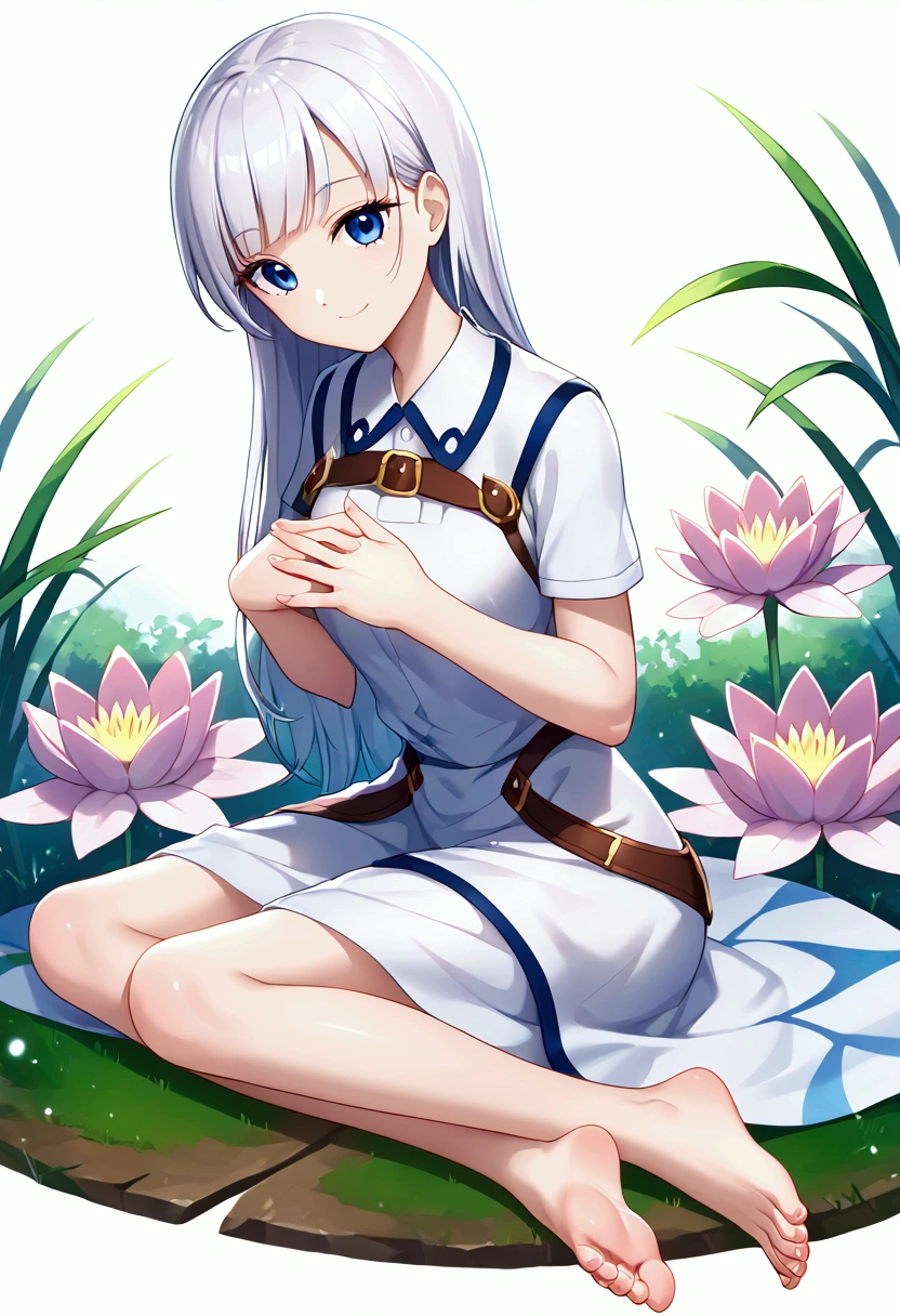 masterpiece, best quality, official art, professional artwork, highres, lens flare, (vibrant_color:1.2), 1girl, solo, lacey, smile, [beautiful hands, beautiful fingers, perfect hands, detailed hands, perfect fingers, detailed fingers:1.1, five fingers:1.2, good hands, beautiful fingers, perfect feet:1.2, detailed feet:1.2, toes, perfect toes:1.1, detailed toes, five toes:1.3, delicate feet, good toes, beautiful toes, white background],barefeet, sitting, full body:1.3, lotus position, expressionless:1.3, LotusPosition, Lotus position