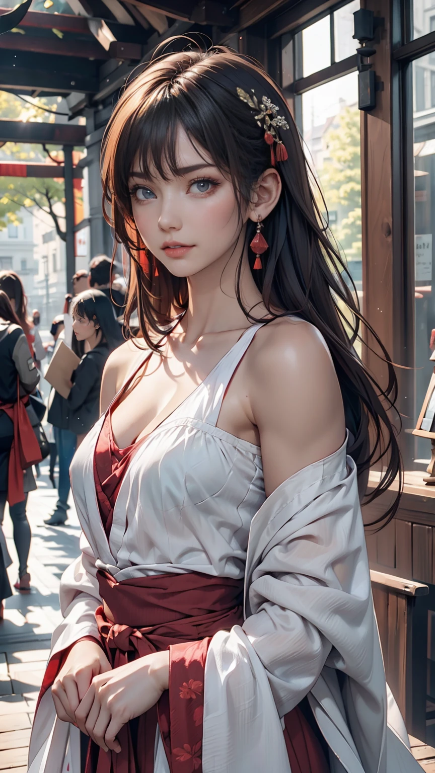 最high quality, masterpiece, High resolution, One girl, Hanfu, Tang Dynasty Costume, small, Flat Chest, clavicle, Off-the-shoulder exquisite look, Realistic, Real People, (Skin with attention to detail: 1.4), SLR, Soft Light, high quality, photograph, High resolution, Background blur, Vintage Street