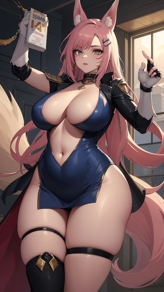 melhor qualiGIVESde,work of art,8K wallpaper,absurderes, high resolution, ultra detaild, (1 jovem linGIVES, standing alone:1.1),realisitic,K/GIVES (League of Legends), standing alone, animal ears,mitts, fox ears, hair ornament, long hair, hair blonde,blue colored eyes, whisKer marKings, fingerless mitts, pinK hair,multicolored hair,official alternate costume, Asymmetrical clothing, show belly, maKeup, facial marK, hair clip, very big tits, athletic body, Fine body, sKirt, thigh strap, very thick thighs, lips, gradient hair, fox tail, single glove,fox tail, (raposa de nove cauGIVESs (mythological creature):1.3),Uma terra de conto de faGIVESs onde criaturas mágicas vivem e prosperam,break