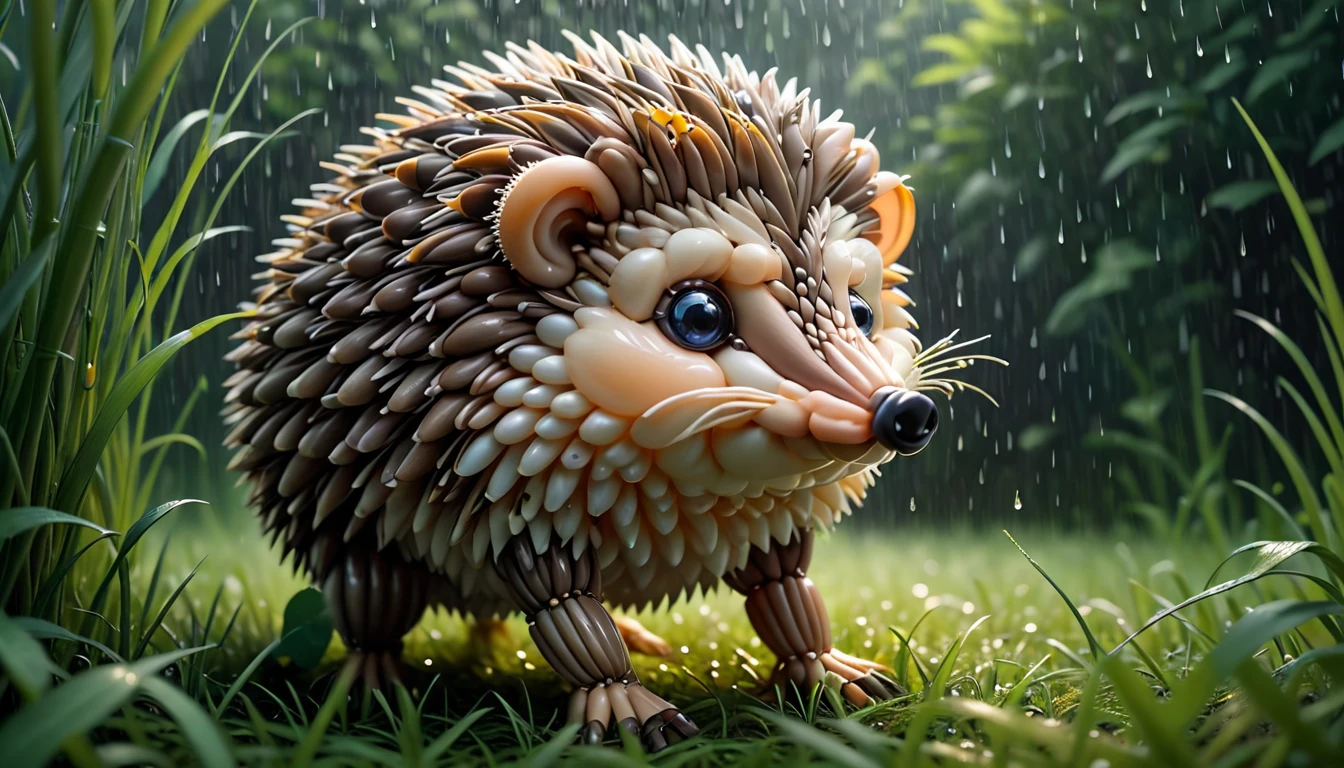 balloonz, balloons, made out of balloons, hedgehog, standing hedgehog,, rainy day, in high grass, diffuse light