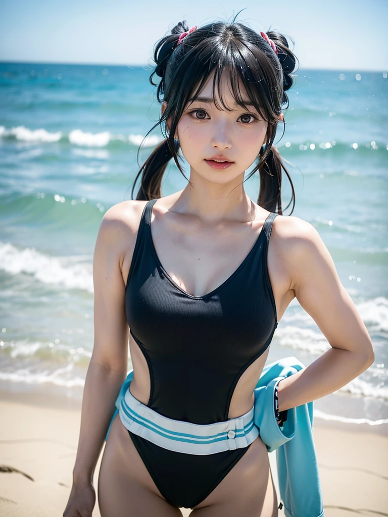 40-year-old Japanese woman、Black Hair、Hair is very short、Twin tails、Hatsune Miku Costume、Headphones、Flat Chest、Realistic photos、Realistic、8K quality、expensive、No bangs、Seaside、Swimwear、High resolution, Highest quality, Anatomically correct, Winner of numerous awards, Ultra high definition, 