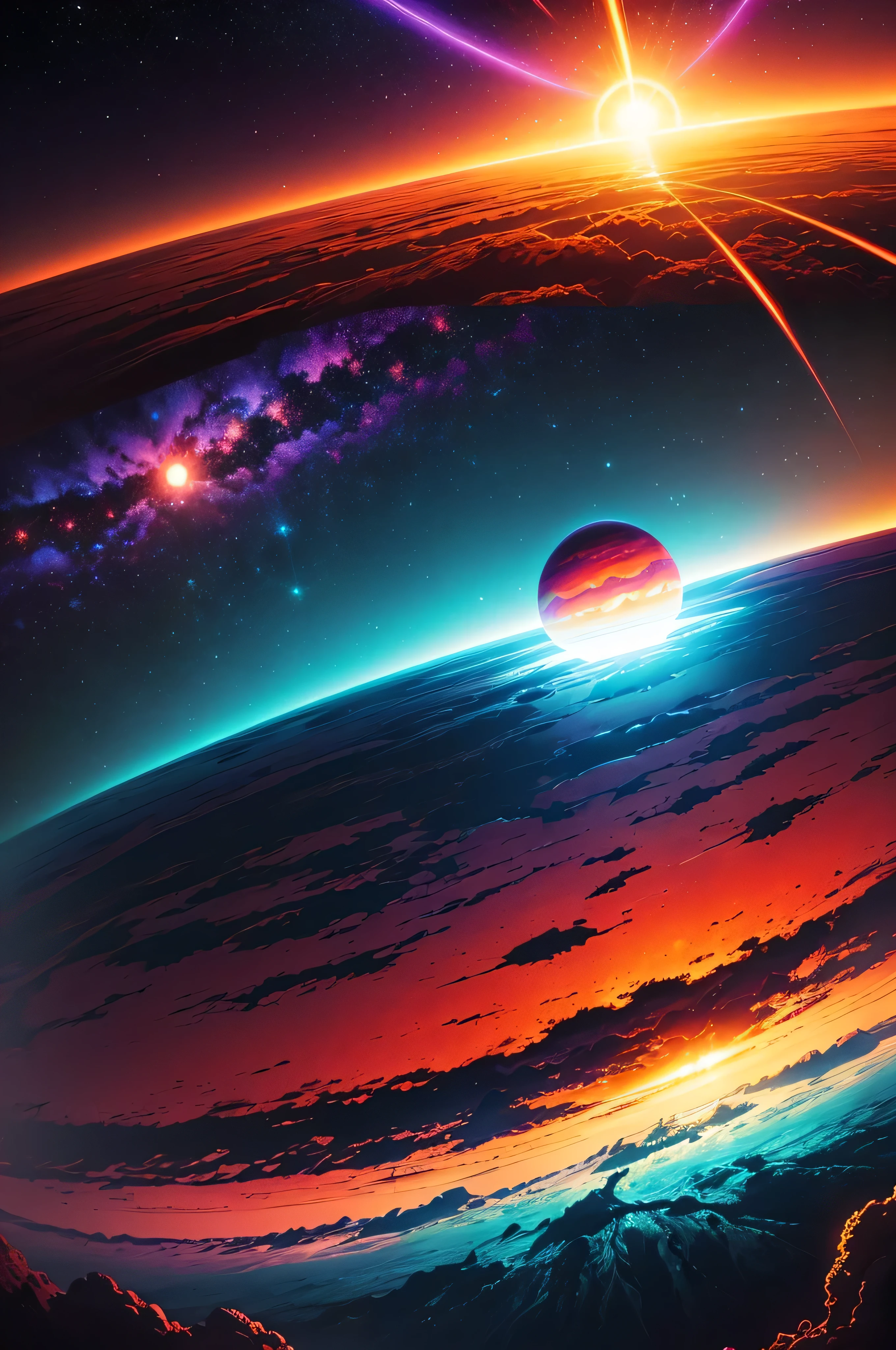 psychedelic landscape, colors, exploding planets, sun approaching the earth, crazy psilocybin ultra trip, cielo explotando en colors, evening, blue neon signs, 8k, unreal engine, Very detailed, photorealistic,