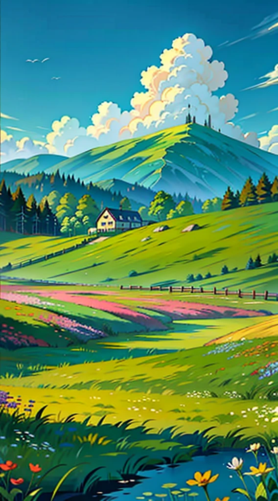 A painting of a springtime landscape, open field, green grass, wild flowers, a new house, day light.