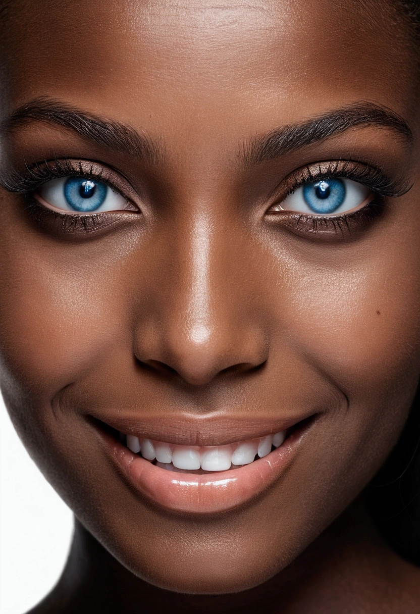 a female face, dark-skinned, With a seductive look, com um leve sorriso, blue eyes with very striking features