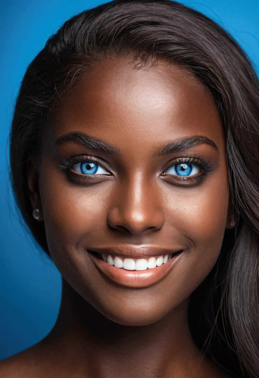 a female face, dark-skinned, With a seductive look, com um leve sorriso, blue eyes with very striking features