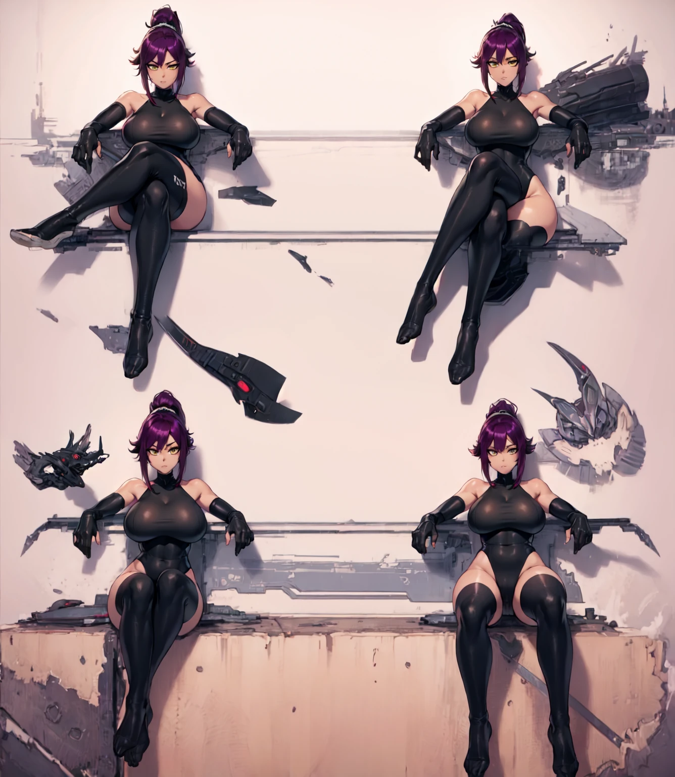 1girl, sofa, sitting, legs crossed, bodysuit, black bodysuit, bare arms, bare shoulders, (large breasts:1.2), yoruichi shihouin, dark skin, dark-skinned female, ponytail, purple hair, yellow eyes, (black leotard:1.4), thighhighs, full body, ((Leg Crossing )), Design an animation sprite depicting a character crossing their legs. The character wears a full-body black suit with purple hair. Show the sequence in four frames, each subtly different to convey the movement