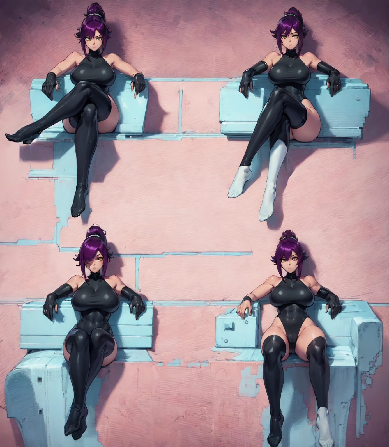 1girl, sofa, sitting, legs crossed, bodysuit, black bodysuit, bare arms, bare shoulders, (large breasts:1.2), yoruichi shihouin, dark skin, dark-skinned female, ponytail, purple hair, yellow eyes, (black leotard:1.4), thighhighs, full body, ((Leg Crossing )), Design an animation sprite depicting a character crossing their legs. The character wears a full-body black suit with purple hair. Show the sequence in four frames, each subtly different to convey the movement