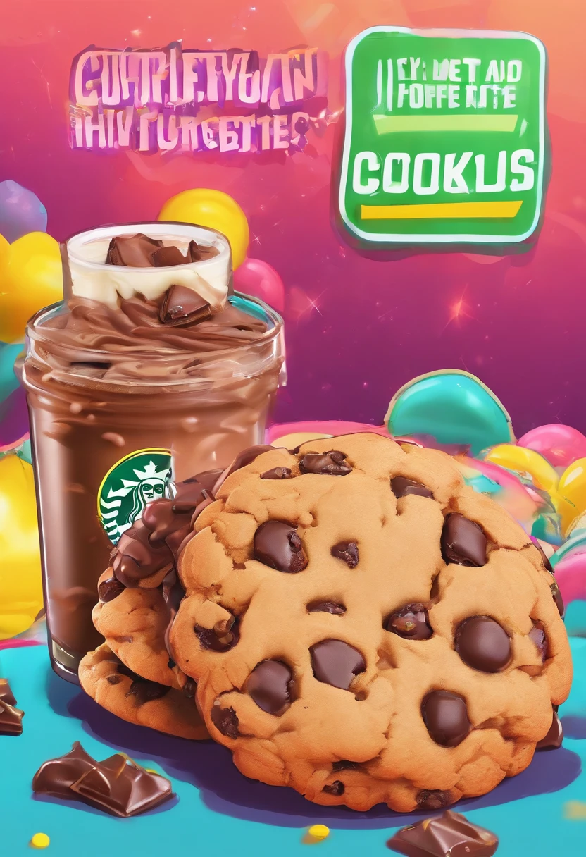Fatty cookies with colorful chocolate chips, Scenario (next to a cup of Starbucks coffee), copo de milk-shake, chocolate chip cookie cookie with chocolate chips, cookies marrons de chocolate, fat and chubby cookies, chubby cookies(next to a cup of Starbucks coffee, Milk-shake ), realisitic, 4K, photo by the best photographer in the world, best qualityer, optical zoom, store in a shopping center, Fat brown chocolate cookies with colorful chocolate chips, shopping center, Depth of field? ultra definition 