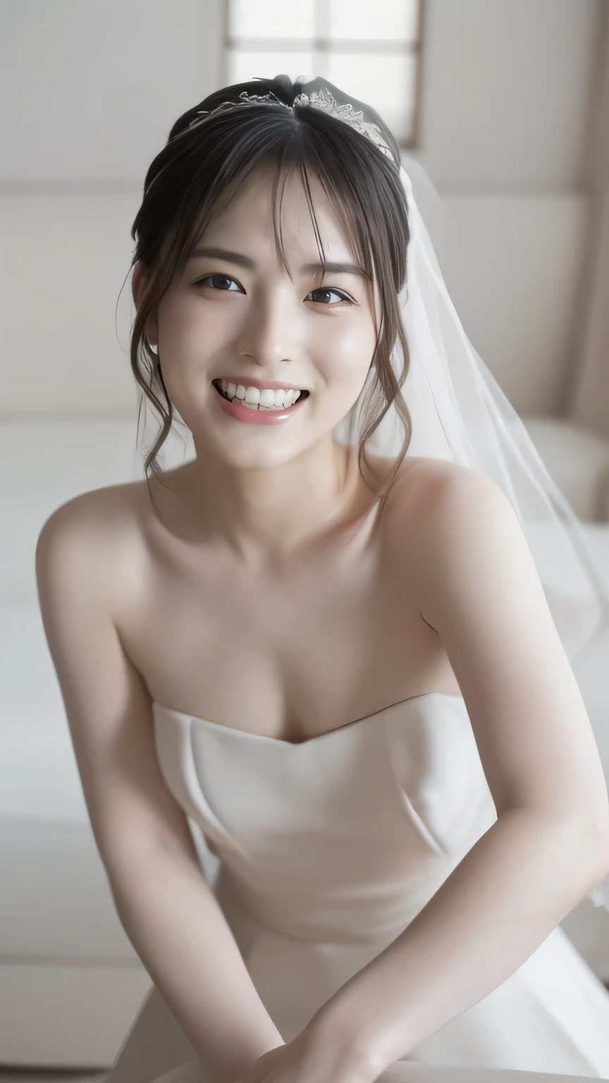 (8k、RAW Photos、Highest quality、masterpiece:1.2)、(Realistic、Realistic)、1 girl、((Wedding dress、Chapel、View from the front、smile、Look at the camera and smile、stand))、cute、Small breasts