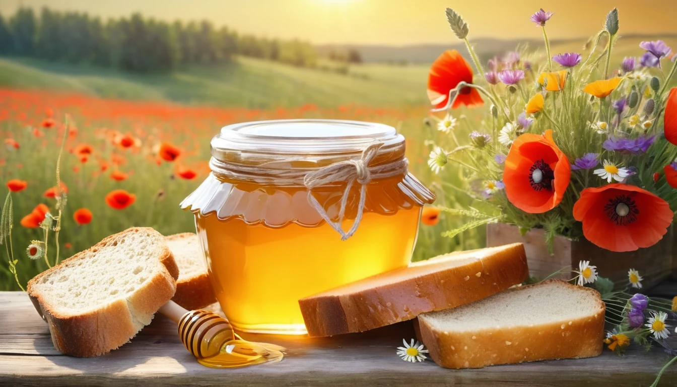 a jar of honey, sliced bread, a bouquet of wildflowers,poppies , rustic style, a field on the background, sun, cute photo, realistic textures