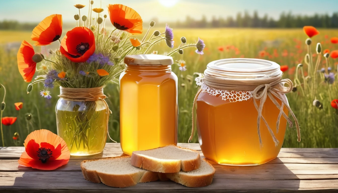   a jar of honey, sliced ​​bread, a bouquet of wildflowers,poppies , rustic style, a field on the  background, sun, cute photo, realistic textures