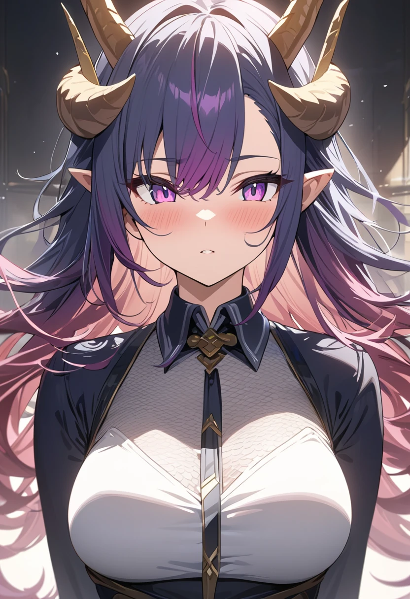 masterpiece, best quality, extremely detailed,anime, Girl, dragon girl, ((gradation hair)), dragon horns, composition that emphasizes the hair,