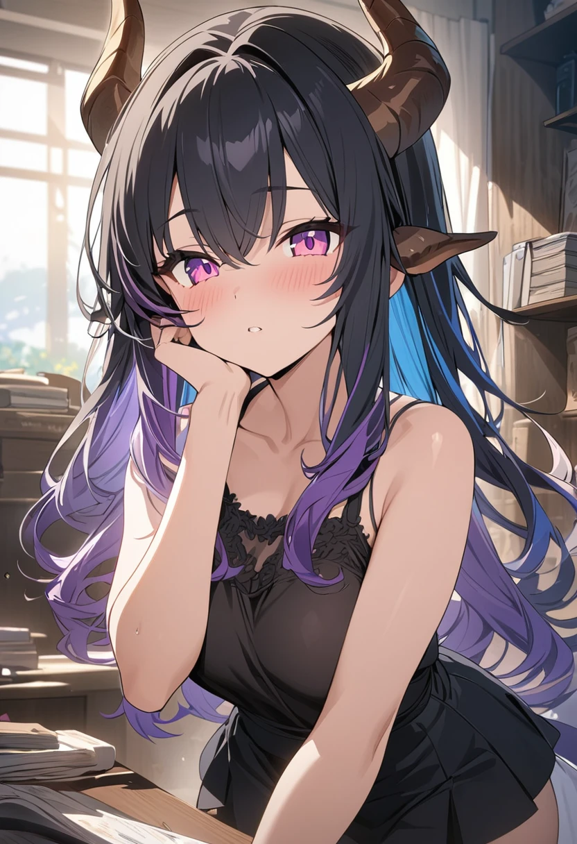 masterpiece, best quality, extremely detailed,anime, Girl, dragon girl, ((gradation hair)), dragon horns, composition that emphasizes the hair,