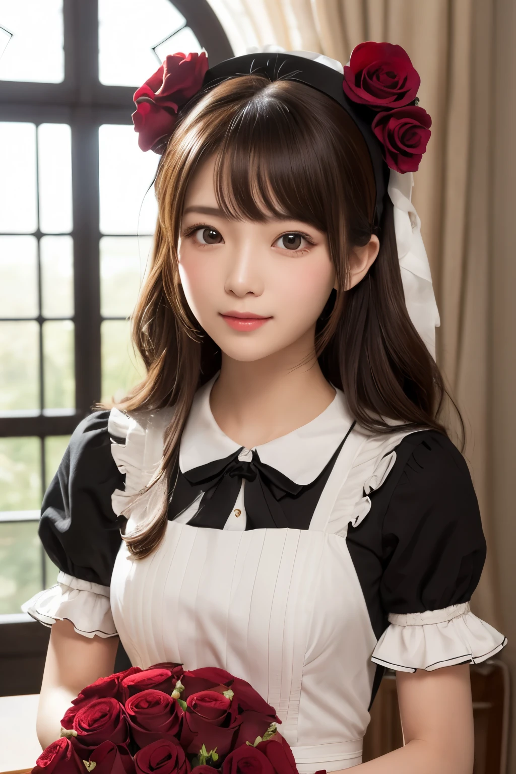 Detailed image of a young female character with medium length wavy brown hair。Her hair is decorated with a white ruffled headband and red roses on either side.。With large, expressive red eyes、A soft redness on the cheeks、She has a gentle and slightly surprised look on her face.。Her outfit is a classic maid's uniform.、She is wearing a black puff-sleeved dress with a frilly white apron.。The apron is fastened around the waist with a black corset-style belt.、The belt has a cross lace-up。On the neck、It has a red ribbon with a gold pendant in the center.。One hand raised to adjust the headband、The other hand is holding the skirt of the dress。The background is solid white、Highlights the characters and their detailed costumes。smile、Large Breasts、Large Breasts、Random sexy poses、The background is a mansion、marble、メイドさん