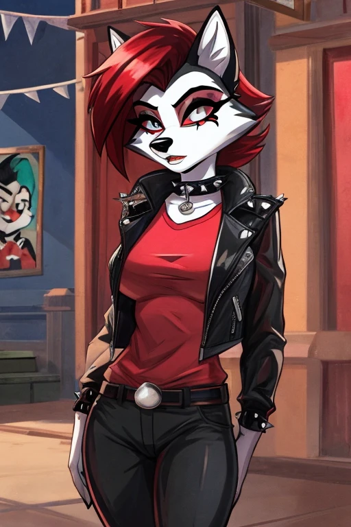 Art helluva boss,furry feminino,husky,black and white fur color,beauty,black and red hair color,clara dos olhos completamente vermelha,white pupils,normal facial expression,Busty,sexy body,Dog Collar,punk jacket,red shirt,black military pants,military boots, suburban cartoon scenery.