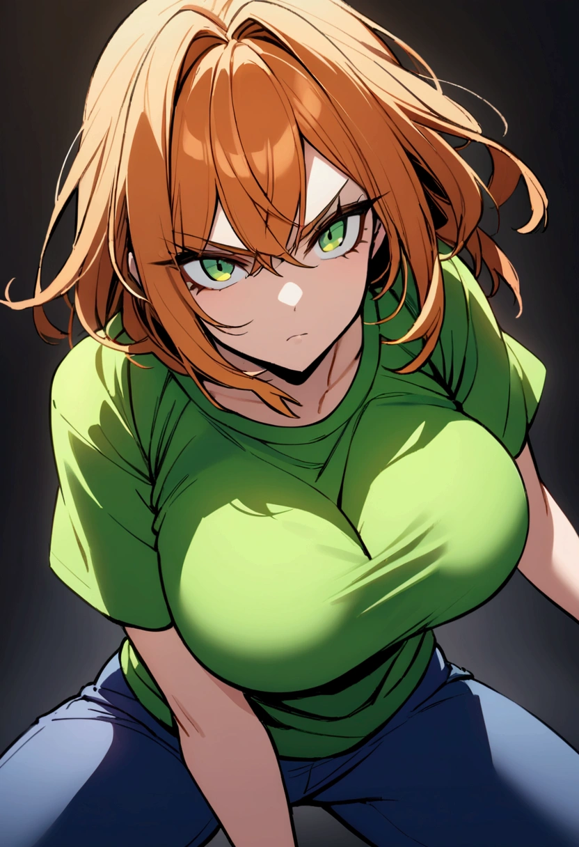 a pretty serious pretty girl with big breasts with orange hair and green eyes wearing a short green t-shirt with blue pants
