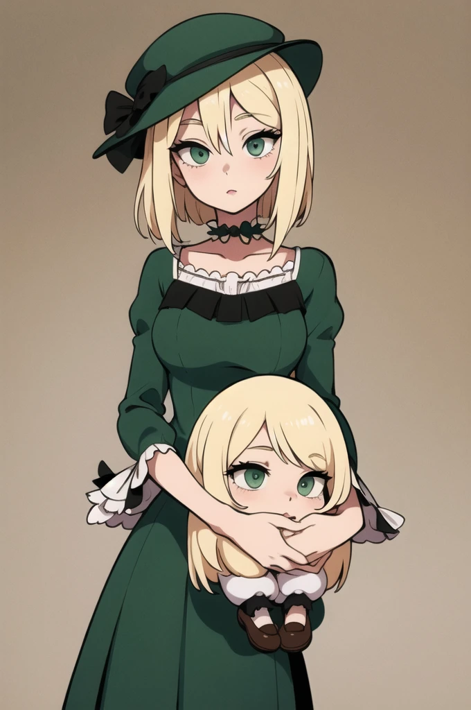 Doll with blonde hair, green eyes, classic dress, hat