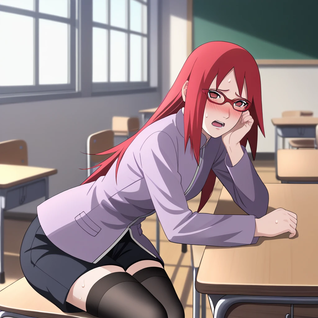 Red hair, 1 Girl, Glasses, Long hair, Red Eyes, Solitary, Long gown, Black over-the-knee stockings, Black shorts, Umbilical cord, Looking at the audience,No students, Japanese cartoons screencap, Japanese cartoons coloring,src_Japanese cartoons,Naruto \(series\), Naruto shippuuden,((blush,nervous,Vision,classroom,bookshelf,sit on the chair,))masterpiece, absurd , (Intricate details), (Colorful), light, Extremely detailed CG Unity 8k wallpaper ,1 Girl, solo,(shy,classroom,night,blush,nervous,Sweating,蕾丝dress, ),sweat,blush,blush1.5,Blush,Medium chest,((dress,Black stockings,)),(dress,Lying in bed,Uncomfortable expression,Mouth open,spit)