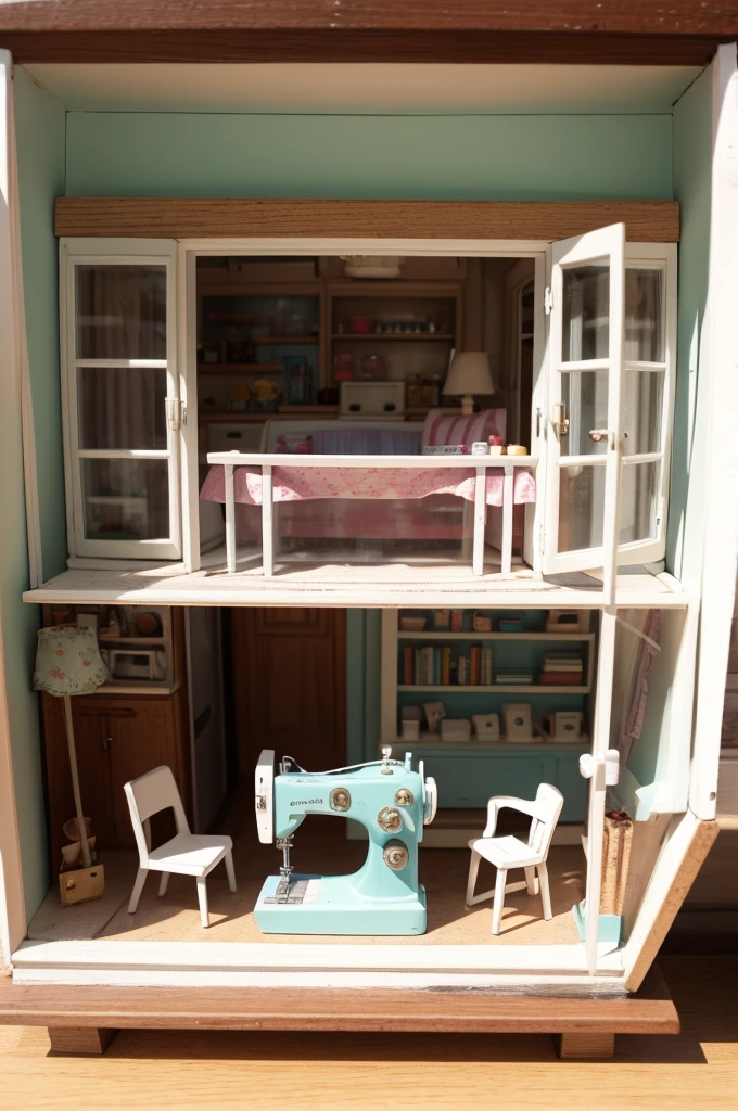 Cute doll house with sewing machine in the window
