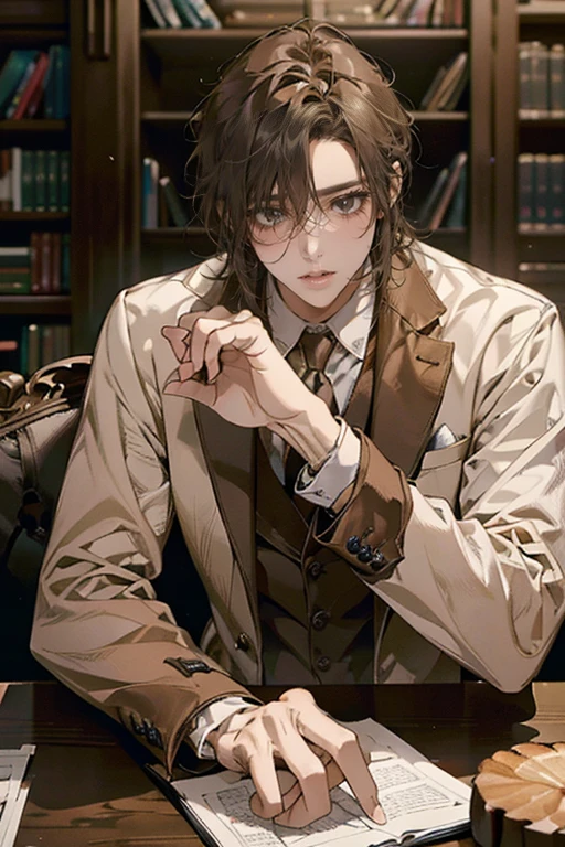 (Masterpiece artwork, high resolution, ultra detali:1.0), (1 boy, young male), Eyes looking at the camera, perfect male body, extremely detailed CG, 8 k wallpaper, Complicated Details, just people, face detailed,(chestnut hair, eyes browns, white shirt, brown overcoat,brown suit vest, cups, shadowy face, Sit in front of the laptop, Behind her is a large bookshelf, sitting at the work table, I was in the workroom), Color difference, Depth of field, dramatic shadow, ray tracing, best qualityer, cinematic lighting, Dark lighting of the room, offcial art