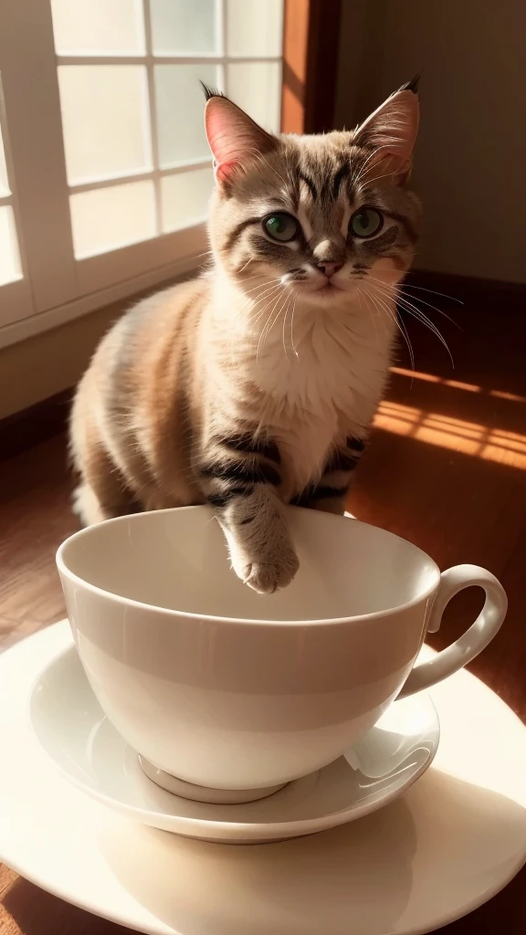 Cat, (Himalayan), (Small)))), in a teacup, Face, Front paws out, 8K, Professional photo, Delicate, Clear, On the table, Inside the house, Sunshine, Light Leak, Masterpiece, ((Pretty))), Fashionable Teacup, (Reality), Plush Toy, Round Pupils