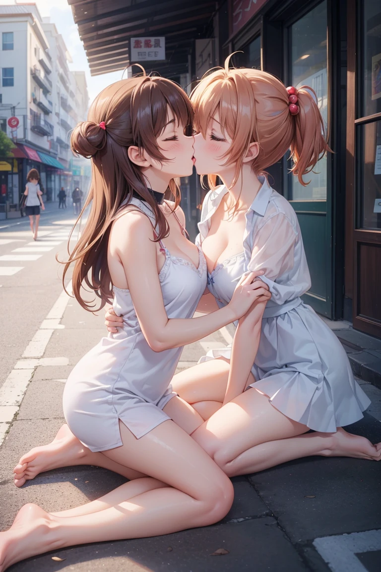 masterpiece, Highest quality, High resolution, (Two Girls), (Multiple Girls), Detailed face, blush, Anime CG Style, (Medium chest), (18-year-old girl:1.3), (Old age), Good lighting, Perfect body, Sakura Kinomoto, Glossy Lips, City Street, Facing each other, ((kiss)), Cleavage, barefoot, close your eyes