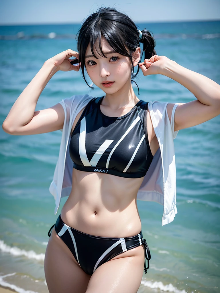 40-year-old Japanese woman、Black Hair、Hair is very short、Twin tails、Hatsune Miku Costume、Headphones、Flat Chest、Realistic photos、Realistic、8K quality、expensive、No bangs、Seaside、Swimwear、High resolution, Highest quality, Anatomically correct, Winner of numerous awards, Ultra high definition,