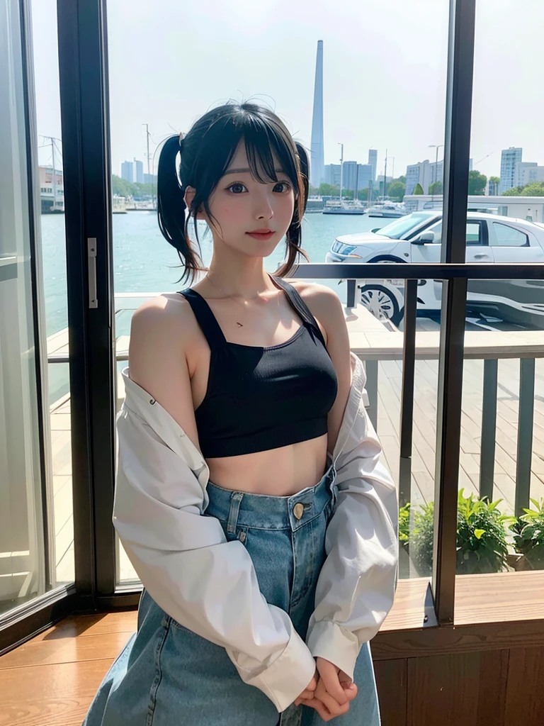 40-year-old Japanese woman、Black Hair、Hair is very short、Twin tails、Hatsune Miku Costume、Headphones、Flat Chest、Realistic photos、Realistic、8K quality、expensive、No bangs、Cafe Terrace、High resolution, Highest quality, Anatomically correct, Winner of numerous awards, Ultra high definition,