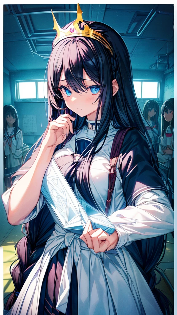 best quality, extremely detailed,anime style girl,long hair down to the waist, straight hair, ((dark black hair with bluish)),braid,beautiful detailed eyes, pinched eyes, (dark blue eyes),huge breasts,curvy,((((white main princess school uniform)))),clothing with complex patterns,cool expression,((((crowded classroom)))),((Diagonal angle)),dynamic angle