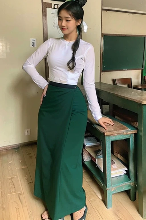 A school teacher is 30years old.Tall, thin, big hips, big breasts, black hair, small lips, brown eyes, attractive, K.Top=white Burmese blouse,With long sleeves,Buttoned at the side.Bottom=(Dark green) long skirt.
Footwear=female Burmese sandals,The hair is knotted bun.