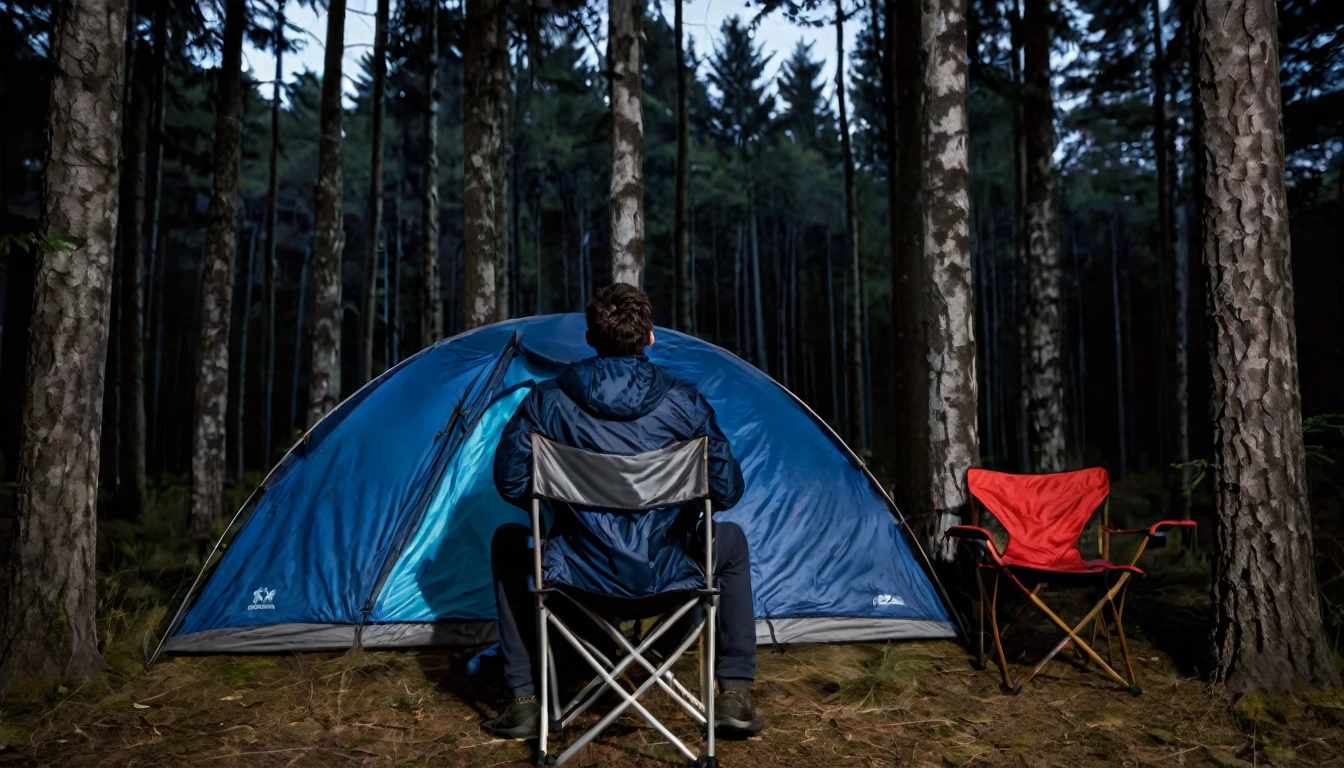 dark night, tense tent camping environment among the trees in the forest, man in blue jacket sitting on the chair, in the right corner of the screen, with his back to the camera