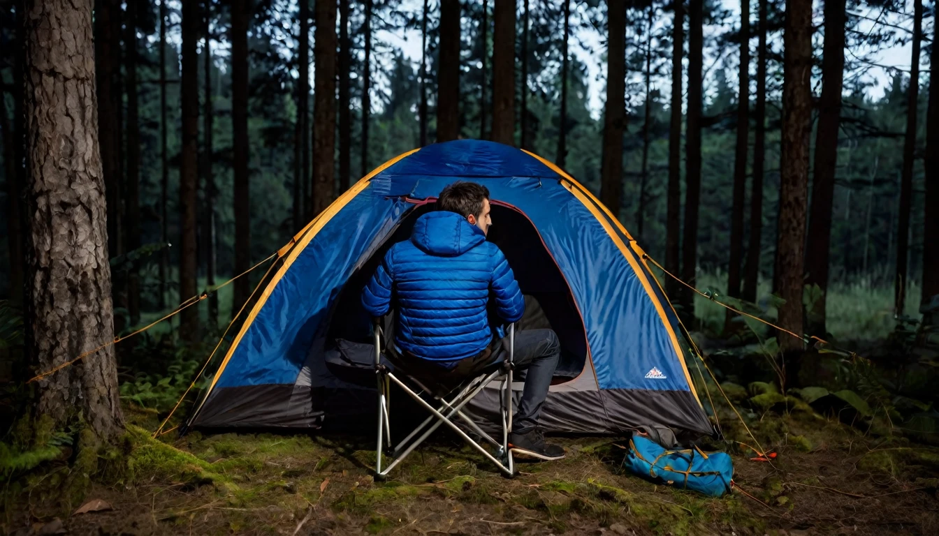 Camping tent between the trees in the forest, man in a blue jacket sitting on the chair, in the right corner of the screen, with his back to the camera, dark night, tense environment