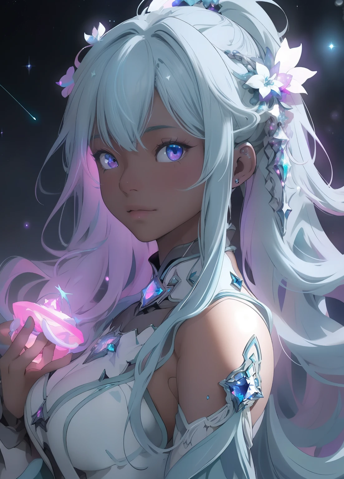 (masterpiece、Highest quality、Highest quality、Official Art、Beautiful and beautiful:1.2)、(One girl:1.3)Hatsune Miku、Twin tails,Beautiful breasts,((close)), One, masterpiece, Highest quality, so beautiful, Absurd, Hello World, (Mai Yoneyama:1.4), (Quasar Cake:1.2), ((Lips parted)), 1 girl, Detailed lighting, rendering, Beautiful Eyes, Perfect Hair, Detailed face and body,
((Dark Skin)), , Facial Scales, White mermaid tail, Mermaid Ears, The princess cut her bangs, Curly Hair, (((Neon Hair))),
Floating in space, The ruins of Star Citadel、Colorful nebula and shining stars々Floating between。.. Fractured crystalline structures reflect light from distant quasars, Creating a kaleidoscope of cosmic colors. Arches and towers, Decorated with ancient runes and constellations, Floating, Connected by a mysterious energy. asteroid, Covered in exotic plants, Creating an aerial garden, Where glowing plants create a symphony of blue and purple. Spatial Portal, surrounded by rubble from the ruins, Open to an unknown world, Their outlines pulsate with the energy of the stars.. The silence of space is broken by the gentle rumble of the solar wind, Creates a solemn and fantastical atmosphere.