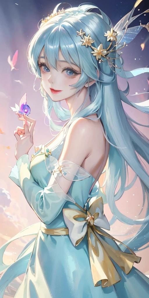 Wearing a blue dress、Anime girl with jelly and fish, Cute anime girl in beautiful clothes, My dress up dear anime, Anime Princess, Smile like a fairy king, Beautiful anime character design, Beautiful anime art style, Hino Rei as the Princess, Ethereal Animation, Beautiful anime style, Fantasy style anime, Magic dress, !!Full body portrait!!
