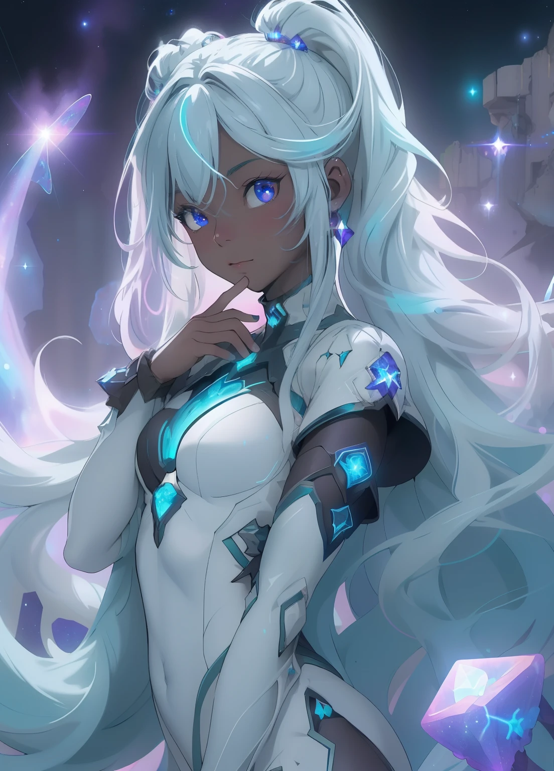 (masterpiece、Highest quality、Highest quality、Official Art、Beautiful and beautiful:1.2)、(One girl:1.3)Hatsune Miku、Twin tails,Beautiful breasts,((close)), One, masterpiece, Highest quality, so beautiful, Absurd, Hello World, (Mai Yoneyama:1.4), (Quasar Cake:1.2), ((Lips parted)), 1 girl, Detailed lighting, rendering, Beautiful Eyes, Perfect Hair, Detailed face and body,
 ((Dark Skin)), , Facial Scales, White mermaid tail, Mermaid Ears, The princess cut her bangs, Curly Hair, (((Neon Hair))),
Floating in space, The ruins of Star Citadel、Colorful nebula and shining stars々Floating between。.. Fractured crystalline structures reflect light from distant quasars, Creating a kaleidoscope of cosmic colors. Arches and towers, Decorated with ancient runes and constellations, Floating, Connected by a mysterious energy. asteroid, Covered in exotic plants, Creating an aerial garden, Where glowing plants create a symphony of blue and purple. Spatial Portal, surrounded by rubble from the ruins, Open to an unknown world, Their outlines pulsate with the energy of the stars.. The silence of space is broken by the gentle rumble of the solar wind, Creates a solemn and fantastical atmosphere.